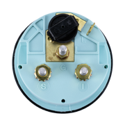 Rear view of fuel gauge with blue casing and gold and black parts on a white background