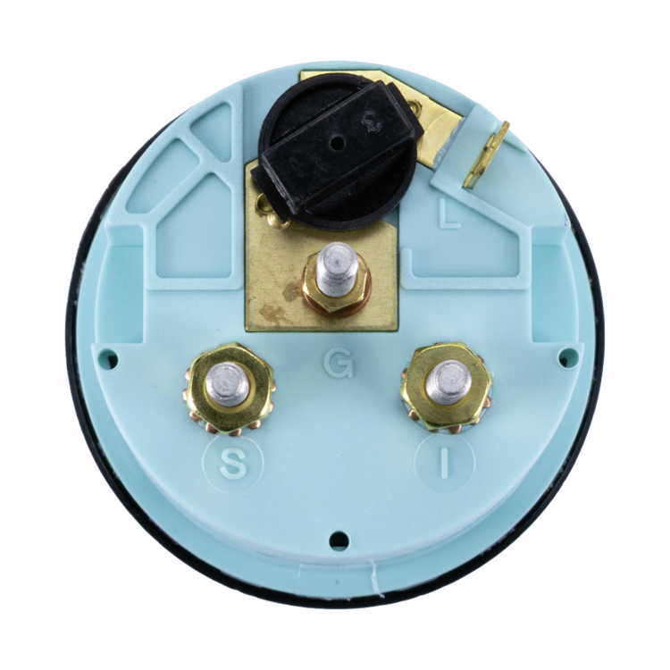 Rear view of fuel gauge with blue casing and gold and black parts on a white background