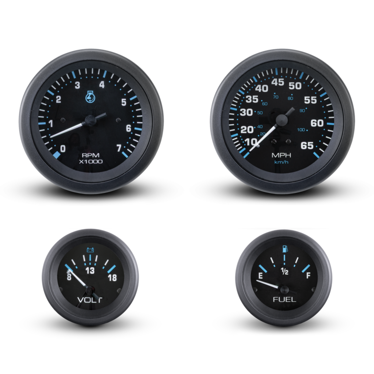 Four round dashboard gauges arranged in a 2x2 grid on a light gray background. The gauges are black with blue markings and white text, including an RPM gauge, a MPH gauge, a voltage gauge, and a fuel gauge.