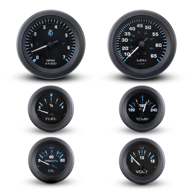 Six analog gauges arranged in a 2x3 grid on a light gray background. The gauges have black faces with white markings, blue accent numbers, and dark gray bezels.