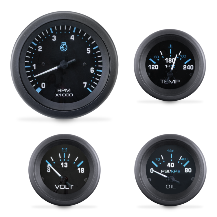Four dashboard gauges with black faces and bezels on a white background: an RPM tachometer, a temperature gauge, a voltage gauge, and an oil pressure gauge.