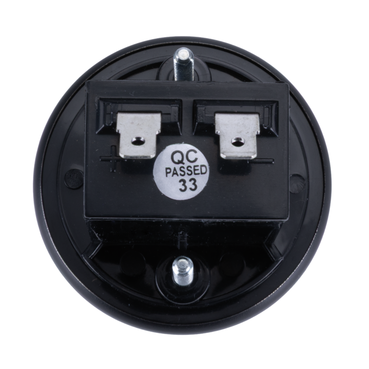 Rear view of black hour meter with 'QC Passed 33' label on a white background