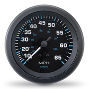 A round speedometer gauge with a black face and frame, featuring white numerals, blue accent markings, and a white sweep pointer on a clean white background.