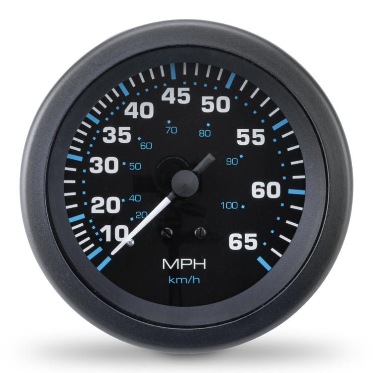 A round speedometer gauge with a black face and frame, featuring white numerals, blue accent markings, and a white sweep pointer on a clean white background.