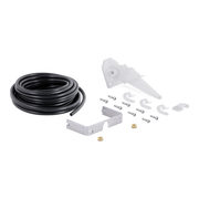 A kit containing a coiled black hose, a white plastic spout or cap, a silver metal bracket, several silver screws, and small gold-colored washers, arranged on a plain white background.