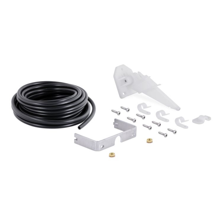 A kit containing a coiled black hose, a white plastic spout or cap, a silver metal bracket, several silver screws, and small gold-colored washers, arranged on a plain white background.