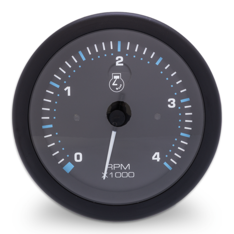RPM gauge with black face and blue markings on a white background