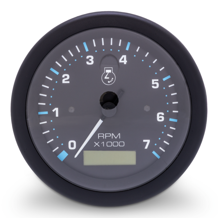 RPM gauge with black casing on a white background