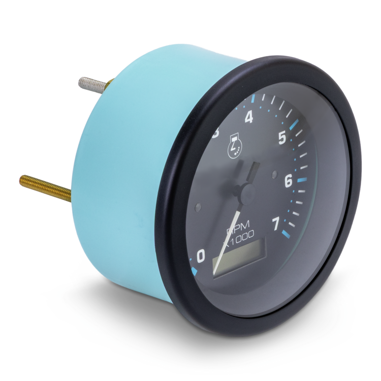 Mechanical tachometer with blue casing on a white background