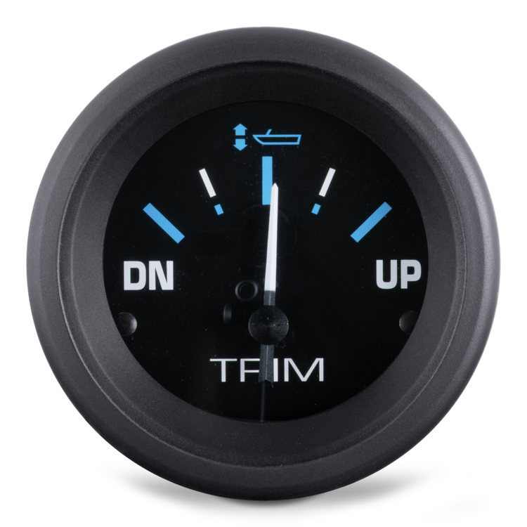 Black trim gauge with blue indicators on a white background