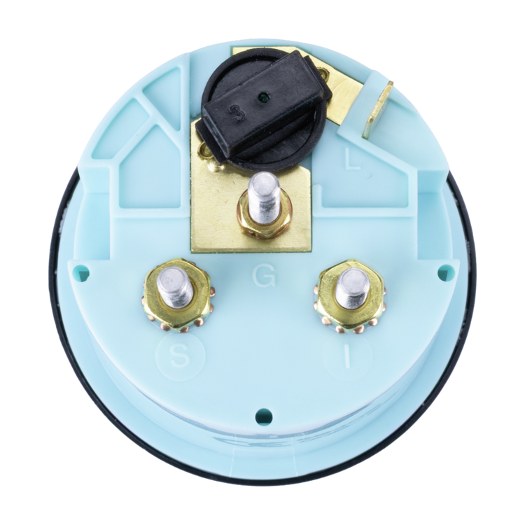 Rear view of trim gauge with black and gold parts on a white background