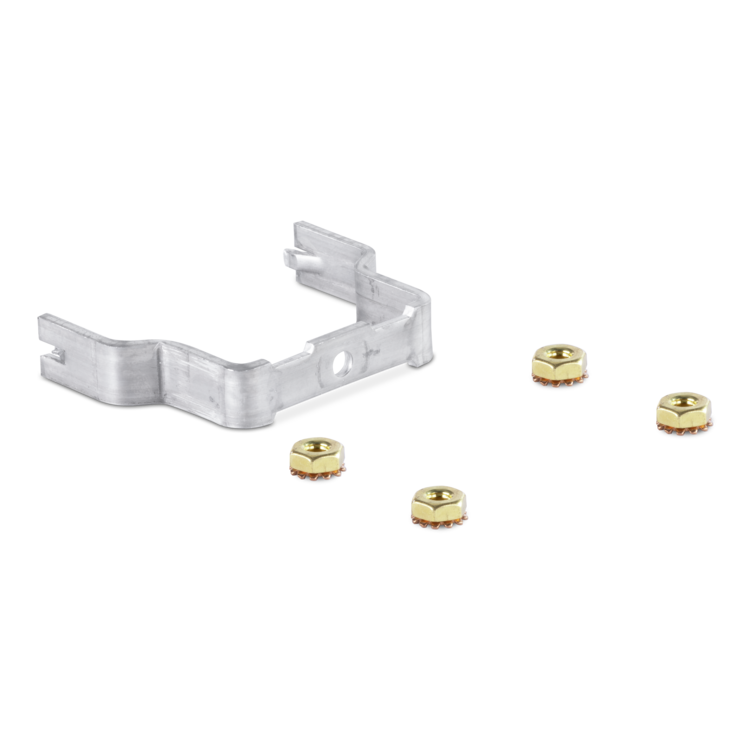 Metal bracket with gold hex nuts on a white background