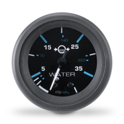 A round automotive water pressure gauge with a black face and frame, featuring blue and white markings and needles, on a white background with a soft shadow.
