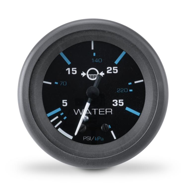 A round automotive water pressure gauge with a black face and frame, featuring blue and white markings and needles, on a white background with a soft shadow.
