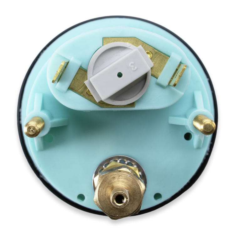 A circular light blue plastic appliance component with brass metal fittings and a white plastic dial, shown against a plain white background.