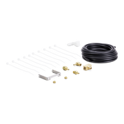 A water pressure kit featuring a coiled black cable, brass connector adapters, white zip ties, and a white metal bracket, arranged neatly on a solid white background.