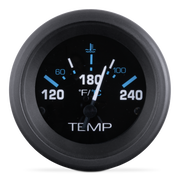 Temperature gauge with black face and blue and white markings on a white background