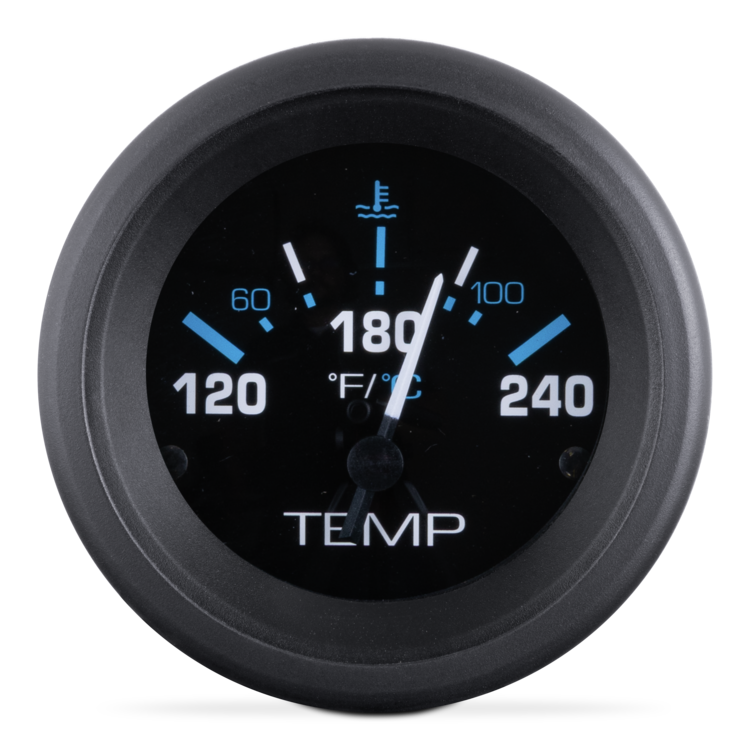 Temperature gauge with black face and blue and white markings on a white background