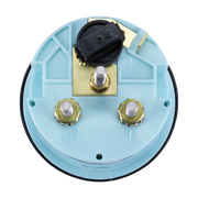 Rear view of trim gauge with blue housing and gold and black parts on a white background