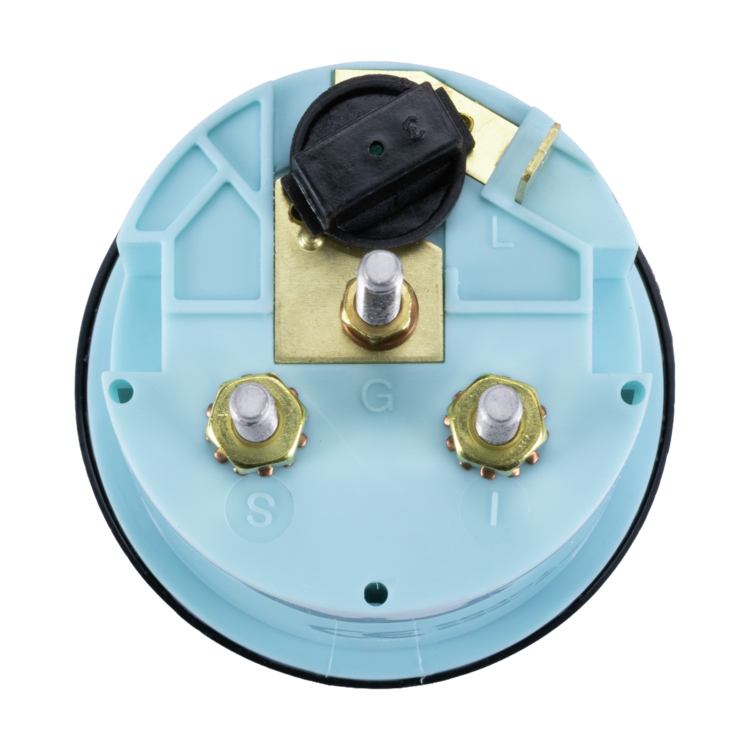 Rear view of trim gauge with blue housing and gold and black parts on a white background