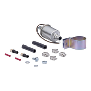 A fuel pump kit with a silver metal fuel pump, a blue-purple clamp, black hoses, silver hose clamps, red and black fittings, and mounting hardware, arranged on a white background.