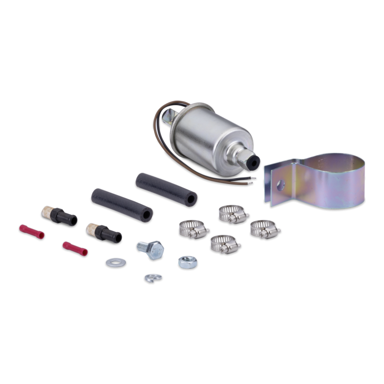 A fuel pump kit with a silver metal fuel pump, a blue-purple clamp, black hoses, silver hose clamps, red and black fittings, and mounting hardware, arranged on a white background.