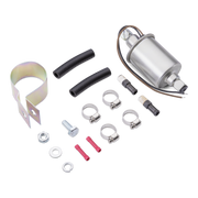 A fuel pump kit with a silver metal fuel pump, black rubber hoses, a metal clamp, hose clamps, nuts, washers, and red and silver fittings, arranged on a white background.
