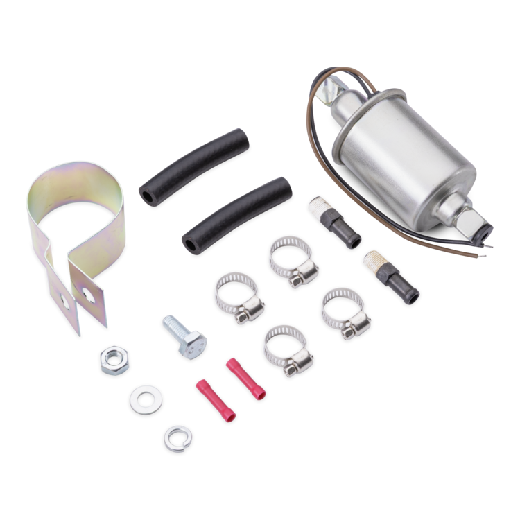 A fuel pump kit with a silver metal fuel pump, black rubber hoses, a metal clamp, hose clamps, nuts, washers, and red and silver fittings, arranged on a white background.
