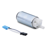 A cylindrical metal fuel pump with a white plastic outlet, shown alongside a blue and black electrical connector with a clear tube on a white background.