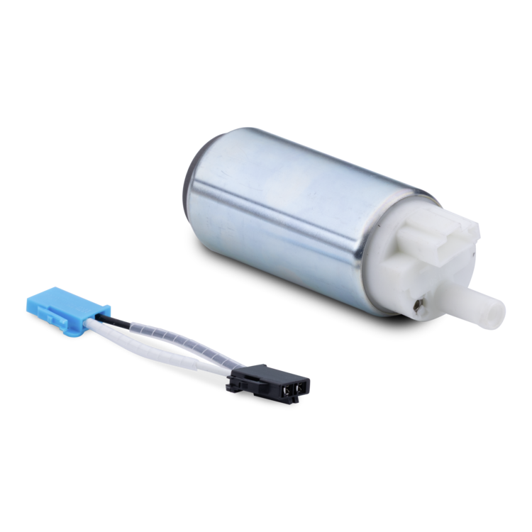 A cylindrical metal fuel pump with a white plastic outlet, shown alongside a blue and black electrical connector with a clear tube on a white background.