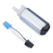 A cylindrical metal fuel pump with a translucent cover, black end cap, white plastic inlet tube, and attached wiring with blue and black connectors, shown on a plain white background.