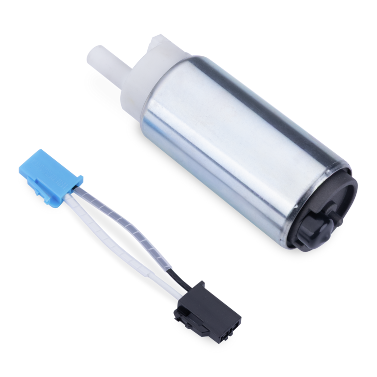 A cylindrical metal fuel pump with a translucent cover, black end cap, white plastic inlet tube, and attached wiring with blue and black connectors, shown on a plain white background.