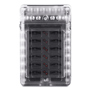 A black fuse block box with a clear cover on a white background