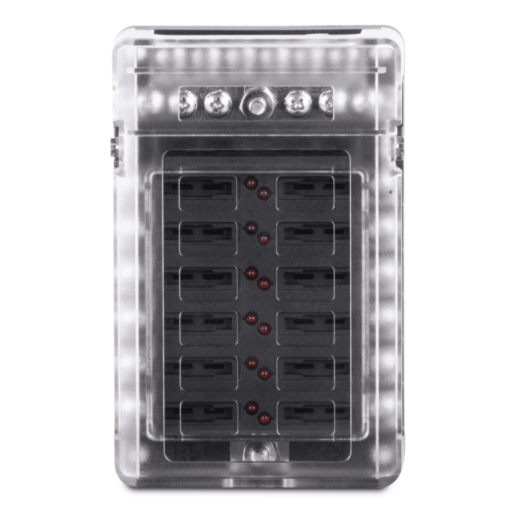 A black fuse block box with a clear cover on a white background