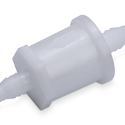 Close-up of a white plastic Prime Line fuel filter on a white background