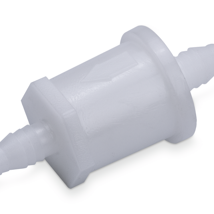 Close-up of a white plastic Prime Line fuel filter on a white background