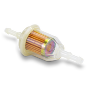 White and clear Prime Line fuel filter on a white background