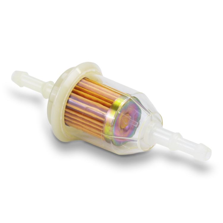 White and clear Prime Line fuel filter on a white background