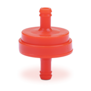 Orange plastic Prime Line fuel filter on a white background