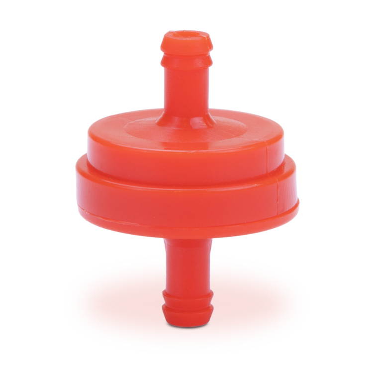 Orange plastic Prime Line fuel filter on a white background