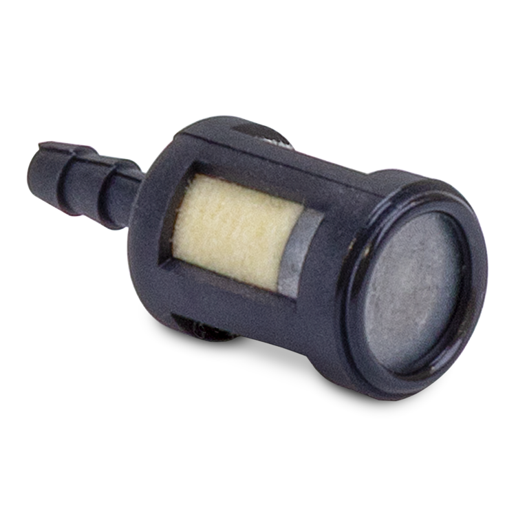 Prime Line fuel filter laying on its side on a white background