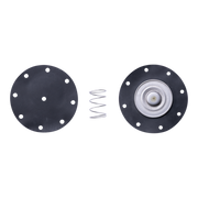 A fuel pump diaphragm kit featuring two circular black metal plates with pre-drilled holes and a silver compression spring, displayed on a clean white background.