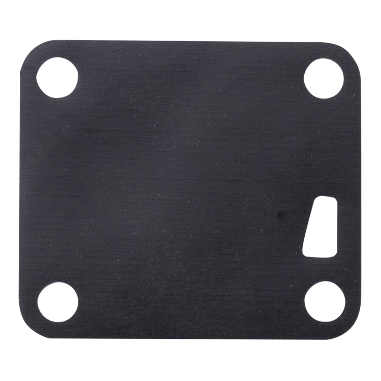 A black rectangular fuel pump diaphragm with rounded corners, featuring four pre-drilled circular holes and a small slot cutout on the right side, shown against a plain white background.