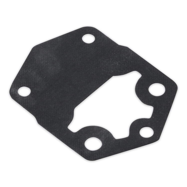 A black fuel pump diaphragm with four pre-drilled holes, shown on a plain white background.