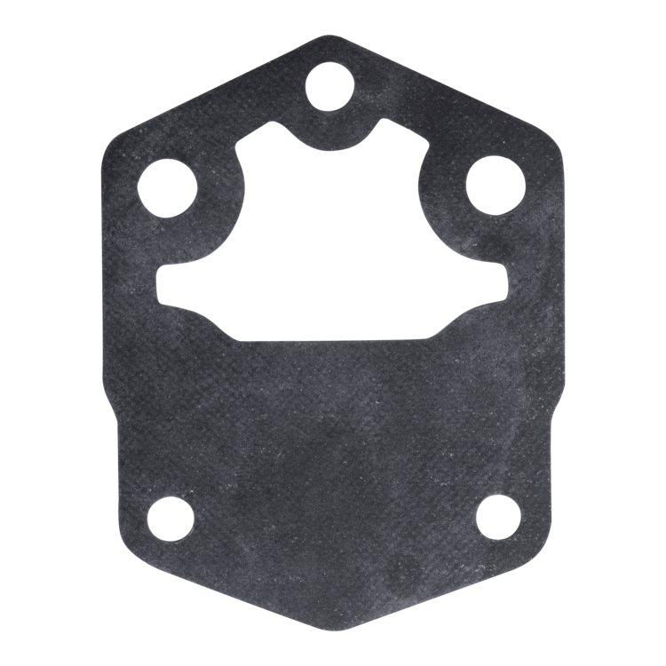 A black fuel pump diaphragm with a hexagonal shape and four pre-drilled circular holes, shown on a solid white background.