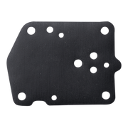 A black fuel pump diaphragm with multiple circular cutouts, shown on a plain white background.