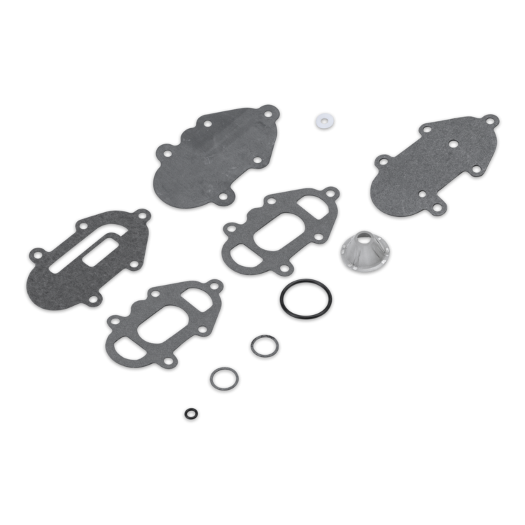 A set of dark gray engine gaskets and O-rings with a small silver metal cone component, laid out on a plain white background.