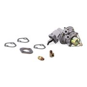 A fuel pump with a gray metal carburetor body, brass and bronze fittings, and four black gaskets, displayed on a clean white background.