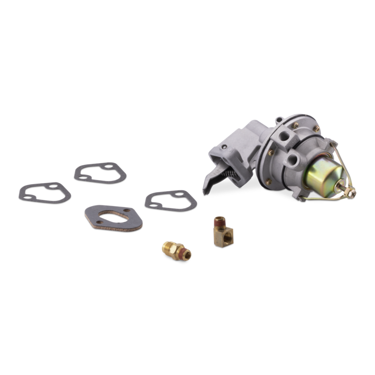 A fuel pump with a gray metal carburetor body, brass and bronze fittings, and four black gaskets, displayed on a clean white background.