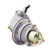 A silver metal fuel pump with brass-colored screws, a black rubber gasket, and a gold-toned internal coil, isolated on a white background.